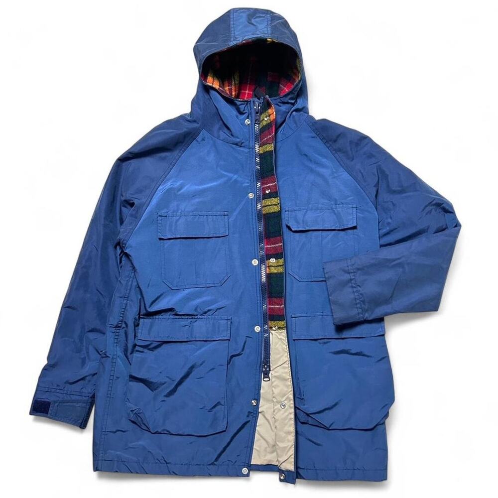 Woolrich 90s Vintage Wool Red Plaid Lined Blue Parka Zip Hooded Jacket Medium - Picture 3 of 8